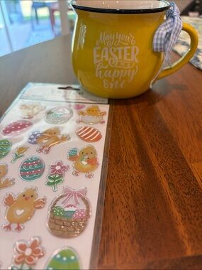 Yellow Easter Ceramic Mug with Blue Gingham Ribbon and Easter Stickers